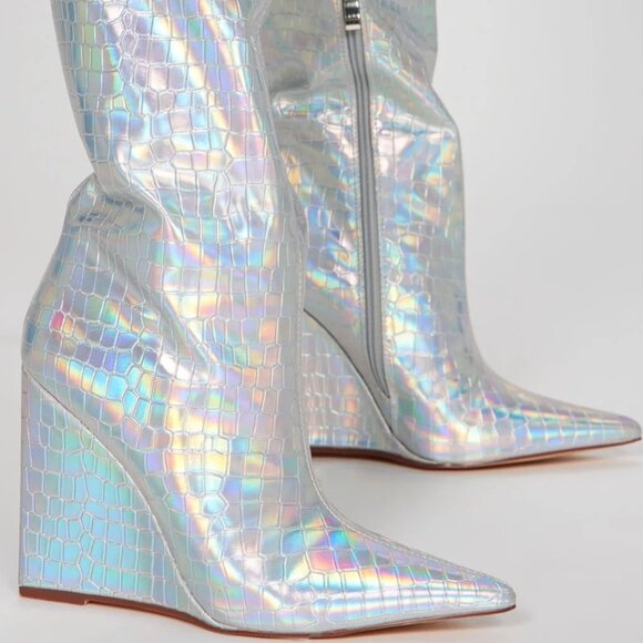 Iridescent Silver Knee High Textured High Heel Boots - Picture 3 of 8